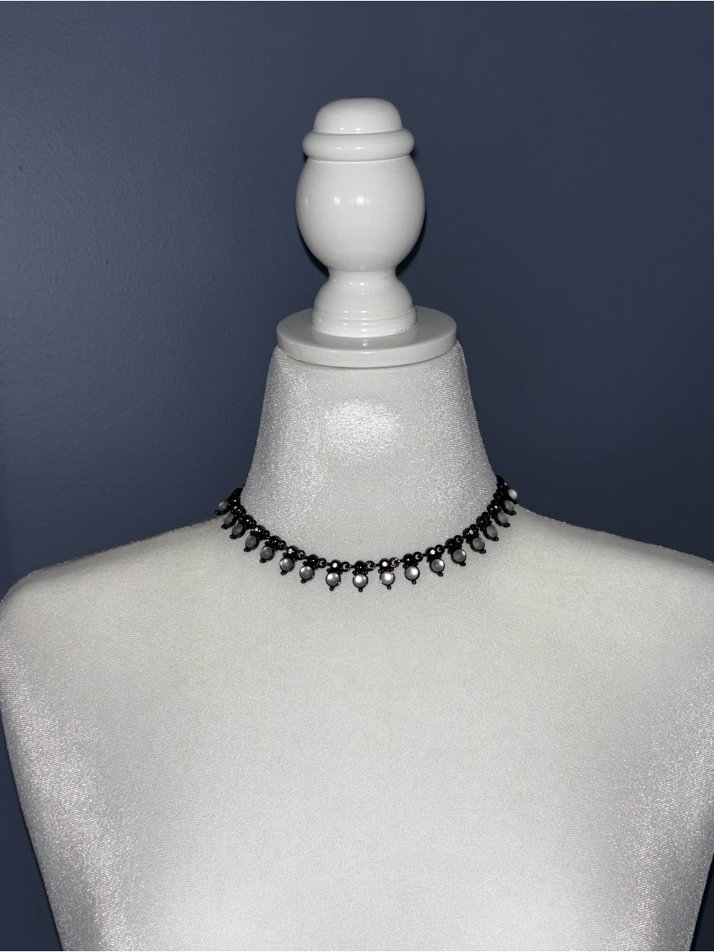 Vintage Monet Delicate Black Metal and Faux Moonstone Pearl Necklace